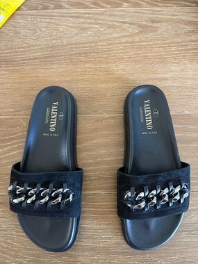 Valentino Black Slide Sandals with Chain Detail